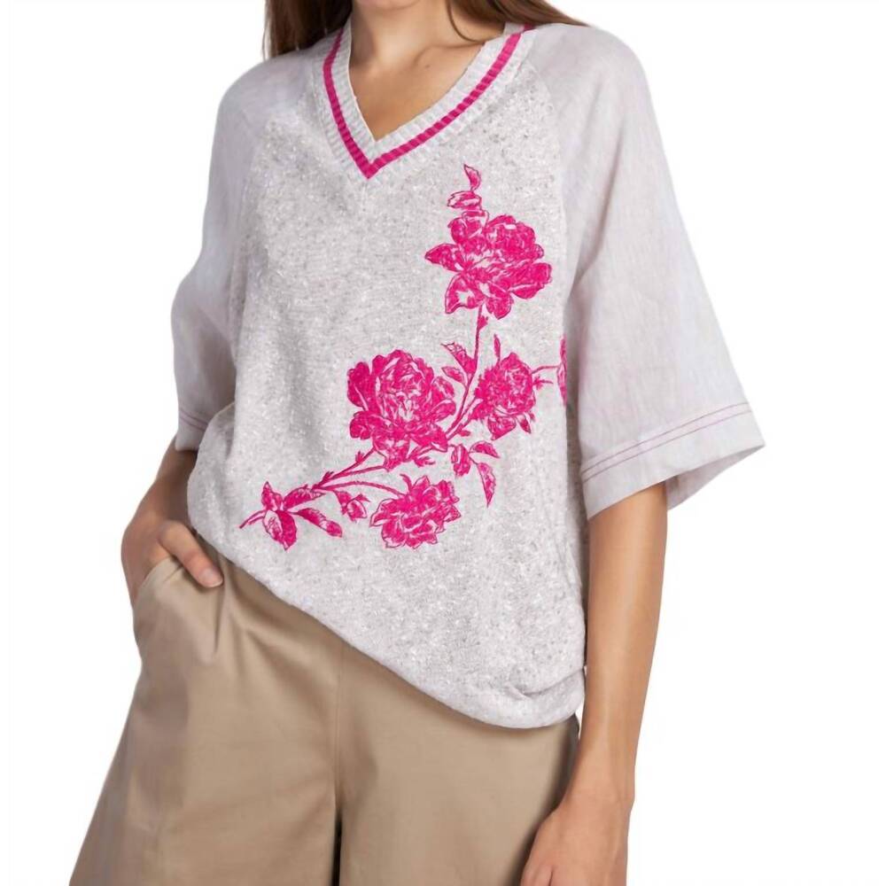 NEW TRICOT CHIC v neck linen knit top in beige with pink